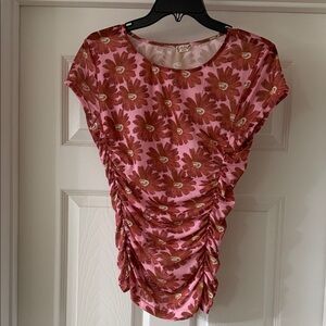 Free People Pink Floral Ruched Short Sleeve Top